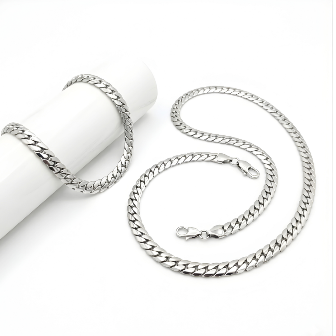 Silver Classic Cuban Link Chain & Bracelet Jewelry Set – Flat-Bevel Silver Curb Chain Matching Set for Men & Women